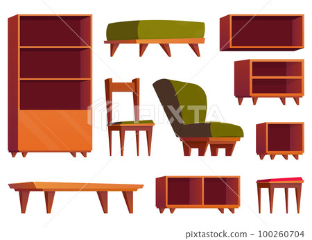 Furniture items in cartoon style. Collection of wooden wardrobe, chair, table and armchair vector illustration isolated on white Furniture items in cartoon style. Collection of wooden wardrobe, chair, table and armchair vector illustration isolated on white 100260704