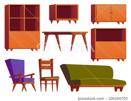 Furniture items in cartoon style. Collection of wooden wardrobe, chair, table and armchair vector illustration isolated on white Furniture items in cartoon style. Collection of wooden wardrobe, chair, table and armchair vector illustration isolated on white 100260705