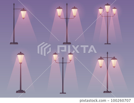 Night view of cartoon city street light collection vector illustration isolated on white 100260707