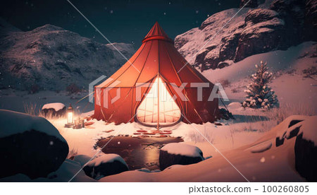 Red tent in the snow in winter in the mountains created with generative AI technology Red tent in the snow in winter in the mountains created with generative AI technology 100260805