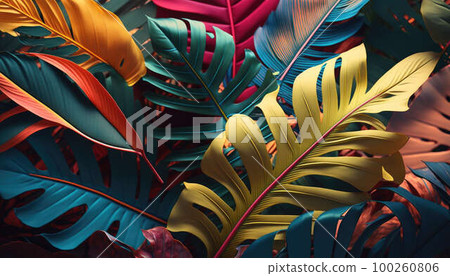 Background of colorful leaves of tropical palm trees and plants created with generative AI technology Background of colorful leaves of tropical palm trees and plants created with generative AI technology 100260806