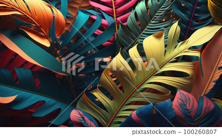Background of colorful leaves of tropical palm trees and plants created with generative AI technology Background of colorful leaves of tropical palm trees and plants created with generative AI technology 100260807
