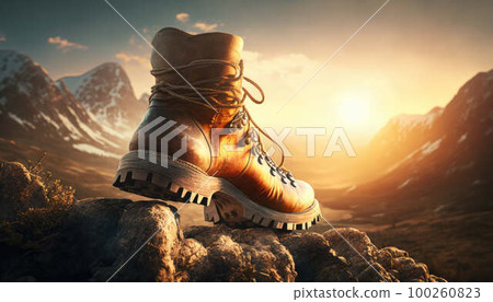 Hiking boots stand on the edge of a cliff overlooking mountains, tourism concept and holiday created with generative AI technology 100260823