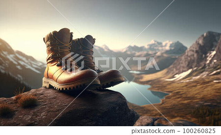 Hiking boots stand on the edge of a cliff overlooking mountains, tourism concept and holiday created with generative AI technology 100260825