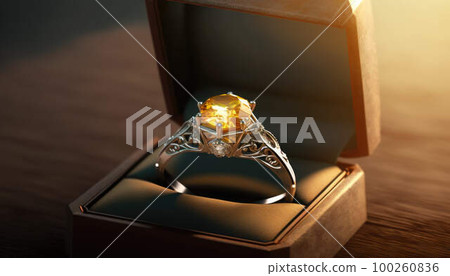 Luxury diamond and yellow sapphire ring in open gift box created with generative AI technology Luxury diamond and yellow sapphire ring in open gift box created with generative AI technology 100260836