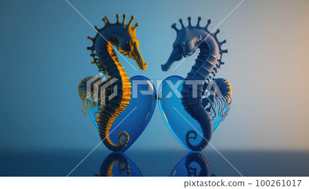 Two seahorses in blue water created with generative AI technology 100261017