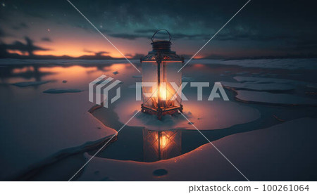 A lantern standing on ice on a lake created with generative AI technology A lantern standing on ice on a lake created with generative AI technology 100261064