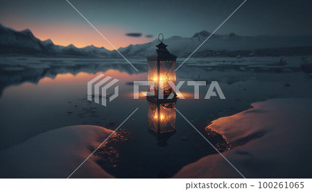 A lantern standing on ice on a lake created with generative AI technology 100261065