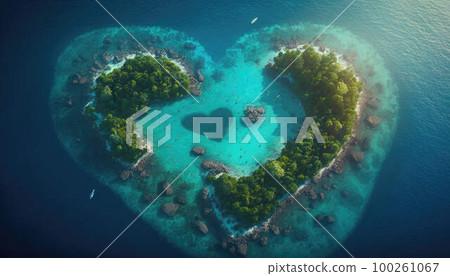 Island in the ocean in the shape of a heart created with generative AI technology 100261067