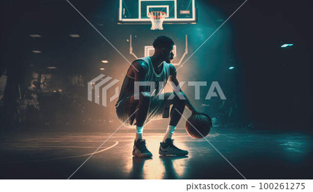 Basketball player looking at the basket at night created with generative AI technology Basketball player looking at the basket at night created with generative AI technology 100261275