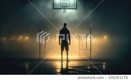 Basketball player looking at the basket at night created with generative AI technology Basketball player looking at the basket at night created with generative AI technology 100261276