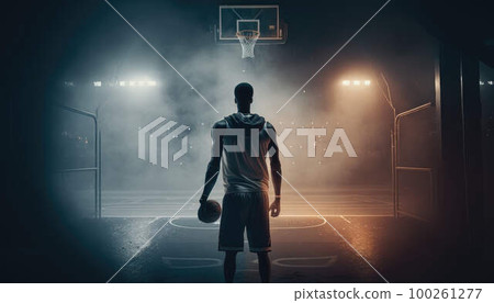 Basketball player looking at the basket at night created with generative AI technology Basketball player looking at the basket at night created with generative AI technology 100261277
