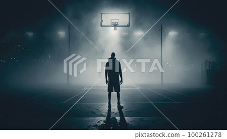 Basketball player looking at the basket at night created with generative AI technology Basketball player looking at the basket at night created with generative AI technology 100261278