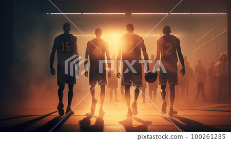 Basketball team on the basketball court at sunset created with generative AI technology 100261285