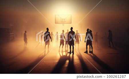 Basketball team on the basketball court at sunset created with generative AI technology Basketball team on the basketball court at sunset created with generative AI technology 100261287