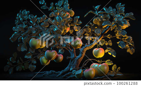 Apple tree with apples against full moon created with generative AI technology Apple tree with apples against full moon created with generative AI technology 100261288