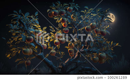 Apple tree with apples against full moon created with generative AI technology 100261289