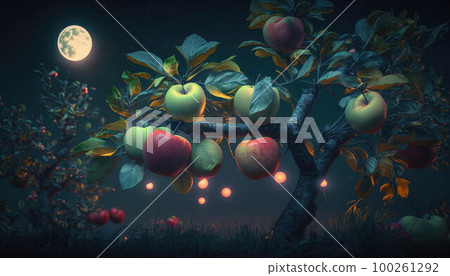 Apple tree with apples against full moon created with generative AI technology Apple tree with apples against full moon created with generative AI technology 100261292