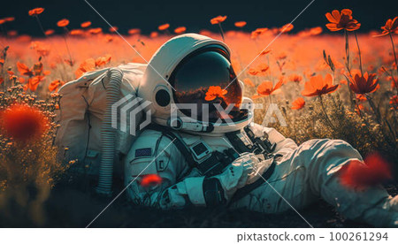 Astronaut in spacesuit rests in middle of poppy field created with generative AI technology 100261294