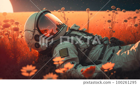 Astronaut in spacesuit rests in middle of poppy field created with generative AI technology Astronaut in spacesuit rests in middle of poppy field created with generative AI technology 100261295