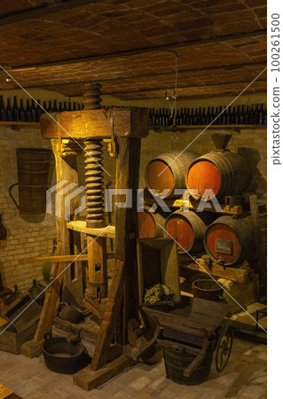 Traditional winemaking equipment in Castello di Razzano, Piedmont, Italy 100261500