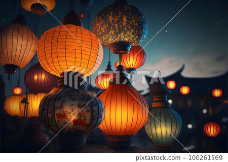 Chinese paper lanterns at night created with generative AI technology Chinese paper lanterns at night created with generative AI technology 100261569