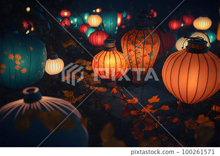 Chinese paper lanterns at night created with generative AI technology Chinese paper lanterns at night created with generative AI technology 100261571