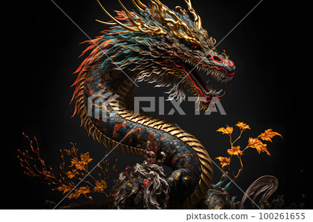 Chinese dragon on black background created with generative AI technology Chinese dragon on black background created with generative AI technology 100261655