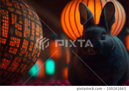 Chinese new year. Black Rabbit on a background of Chinese lanterns created with generative AI technology Chinese new year. Black Rabbit on a background of Chinese lanterns created with generative AI technology 100261663