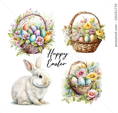 Happy easter set Vector cute classic illustrations of easter eggs in a basket of flowers, chick, bunny greeting text for a greeting card, poster or background 100261739