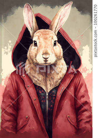 Easter Bunny wearing a fashionable stylish long red leather jacket created with generative AI technology 100261770