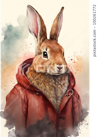Easter Bunny wearing a fashionable stylish long red leather jacket created with generative AI technology Easter Bunny wearing a fashionable stylish long red leather jacket created with generative AI technology 100261772