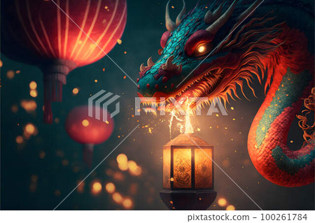 Chinese new year. Dragon on a background of Chinese lanterns created with generative AI technology Chinese new year. Dragon on a background of Chinese lanterns created with generative AI technology 100261784