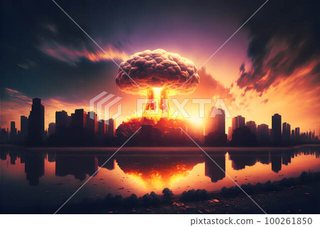 Nuclear explosion on the horizon created with generative AI technology Nuclear explosion on the horizon created with generative AI technology 100261850
