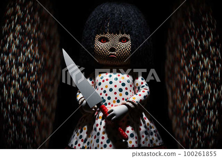 One evil scary doll with knife on a black background created with generative AI technology One evil scary doll with knife on a black background created with generative AI technology 100261855