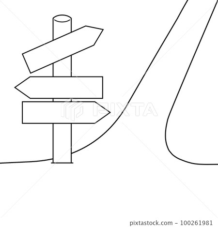 Forked road and signboard (line drawing) 100261981