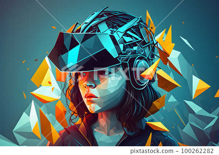 Girl in Virtual Reality Helmet created with generative AI technology 100262282