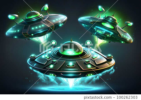 alien space ships with green light created with generative AI technology 100262303