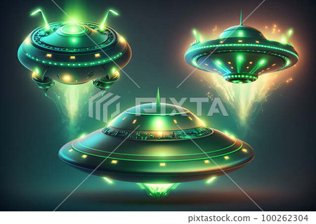 alien space ships with green light created with generative AI technology 100262304