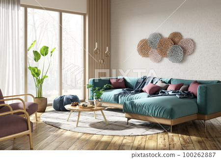 Modern interior design of scandinavian apartment, living room with turquoise corner sofa over the brick wall. Home interior with window. 3d rendering 100262887