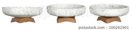 Decorative marble stone bowls on wooden base. Kitchen utensils set. Home decor and accents. Home decorative accessories. Isolated interior object. 3d rendering 100262901