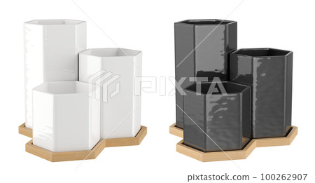 Decorative hexagon white and black table vases set. Home decor and accents. Home decorative accessories. Isolated interior object. 3d rendering Decorative hexagon white and black table vases set. Home decor and accents. Home decorative accessories. Isolated interior object. 3d rendering 100262907