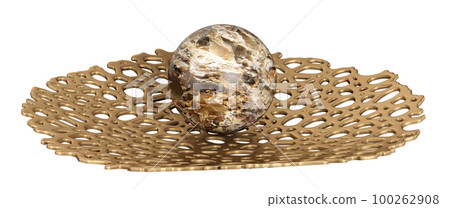 Metal brass decorative bowl or plate and stone ball. Home decor and accents. Home decorative accessories. Isolated interior object. 3d rendering 100262908