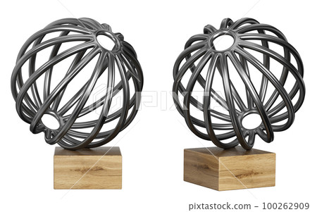 Black steel metal sphere or ball on wooden base. Abstract home decor and accents. Home decorative accessories. Isolated interior object. 3d rendering Black steel metal sphere or ball on wooden base. Abstract home decor and accents. Home decorative accessories. Isolated interior object. 3d rendering 100262909