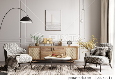 Modern interior of living room with sideboard and armchairs. Coffee table on the rug. Fur pillow and plaid on the armchairs. Wall paneling in home interior design. 3d rendering Modern interior of living room with sideboard and armchairs. Coffee table on the rug. Fur pillow and plaid on the armchairs. Wall paneling in home interior design. 3d rendering 100262915