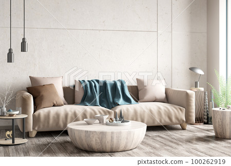 Modern interior design of apartment, living room with sofa and wooden coffee table over the concrete, stucco wall. Home interior. Loft style. 3d rendering Modern interior design of apartment, living room with sofa and wooden coffee table over the concrete, stucco wall. Home interior. Loft style. 3d rendering 100262919
