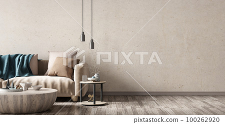 Modern interior design of living room with beige sofa and wooden coffee table over the concrete wall. Home interior background with copy space. 3d rendering 100262920