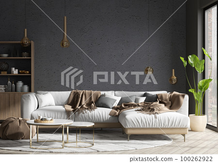 Modern interior design of scandinavian apartment, living room with white sofa over the dark stucco wall. Home interior with window. 3d rendering Modern interior design of scandinavian apartment, living room with white sofa over the dark stucco wall. Home interior with window. 3d rendering 100262922