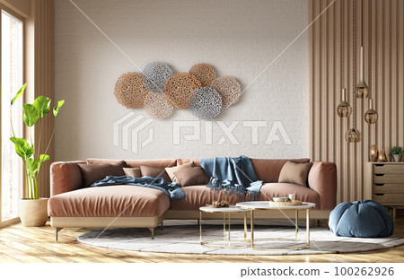 Modern interior design of apartment, living room with terracota sofa over the brick wall. Home interior. 3d rendering Modern interior design of apartment, living room with terracota sofa over the brick wall. Home interior. 3d rendering 100262926
