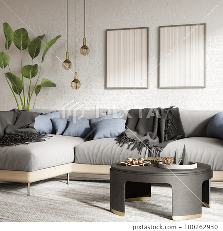 Interior design of modern living room with corner sofa over the white brick wall with mock up frames. Home interior with coffee table. 3d rendering 100262930